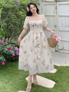 DAZY Đầm hè thanh lịch dành cho nữ, in hoa, cổ vuông, tay phồng, thắt eo, thích hợp cho kỳ nghỉ. - Màu be - Xem 5