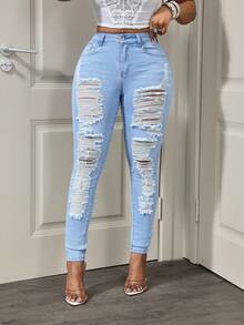 Slaydiva Quần jeans nữ casual đa năng, có túi và thiết kế rách, thích hợp mặc hàng ngày. - Rửa nhẹ - Xem 4