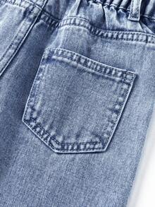 SHEIN ChillGRL 女童印花直筒裤，夏季新款休闲时尚简约百搭英文卡通涂鸦印花设计，深蓝色水洗，可爱甜美风格，可搭配卡通T恤、条纹T恤，适合度假、休闲、周末外出，女童牛仔直筒裤 - 深色水洗藍 - 查看 7