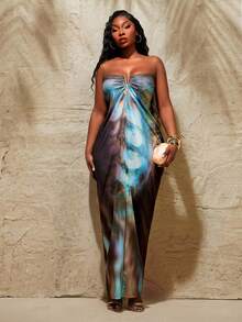 SHEIN SXY Plus Size Dark Blue Abstract Feather Print Strapless Ruched Maxi Dress,V-Shaped Metal Embellishment,Summer Holiday Vacation Night Out Club Bohemian - Multicolor - View 8