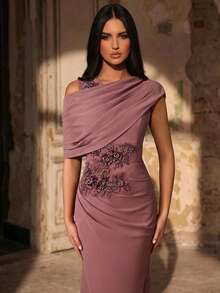 Aureia Women's Elegant Gray-Pink Chiffon Fabric Round Neck Sheer Long Sleeve Ruched Sequin Applique Micro-Mermaid Hem Dress, Suitable For Mother Of The Bride Weddings, Events, Parties, Formal Occasions Mauve Formal Dress Evening Gown Mother Of Groom Dress Mother Of The Bride Dresses Elegant Dress Dress Elegant Evening Dress - Rust Brown - View 8