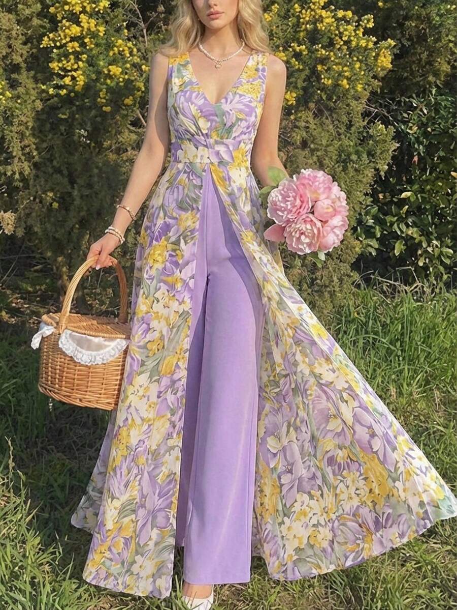 Amorya Bộ jumpsuit ống rộng bằng chiffon màu tím thanh lịch, cổ chữ V, xếp ly eo, đính ngọc trai, thích hợp làm trang phục dự tiệc cưới.