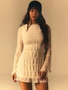 Athîral 女士休闲度假白色褶皱迷你连衣裙 - 米色 - 查看 1