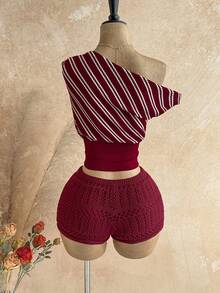 Soleia Women's Striped Asymmetrical Shoulder Cinched Waist Fashionable Top - Multicolor - View 4