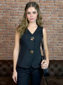Aless PB Women's V-Neck Fitted Gold Rose Button Decor Outerwear Top - Black - View 6