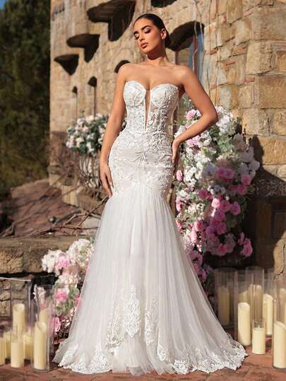 Glamrae Elegante y lujoso vestido de novia con aplicaciones de encaje bordado, corte sirena con capas de tul y aplicaciones de encaje románticas, adecuado para bodas, fiestas, luna de miel y vestidos de novia.