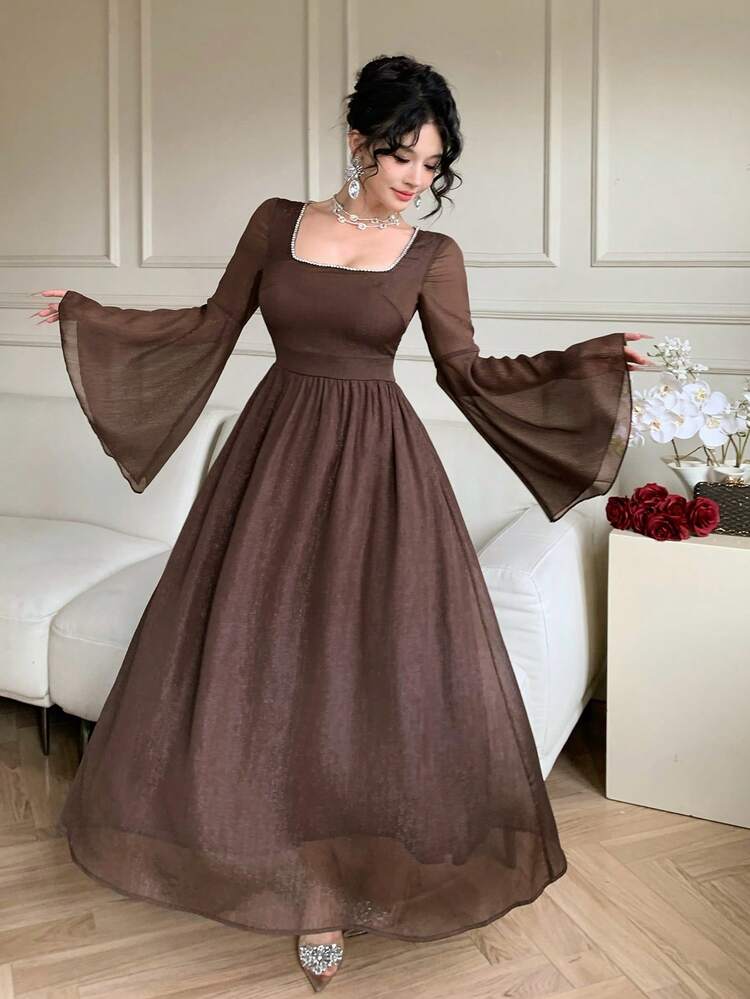 Spring & Summer Brown Shiny Rhinestone Decor Square Neck Organza Dress, Elegant For Valentine's Day, Wedding, Party, Banquet, Fashion Event, Commute, Flared Sleeves, Waist Cinched, Midi Length Sundress