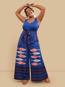 Travachic 大码休闲鱼纹无袖连体裤 - 藏蓝色 - 查看 5