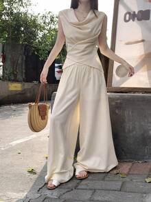 DAZY 2pcs Women Satin Crinkle Tie-Neck Blouse And Relaxed Pants Suit, Elegant Set Short Sets For Women Summer - Apricot - View 7