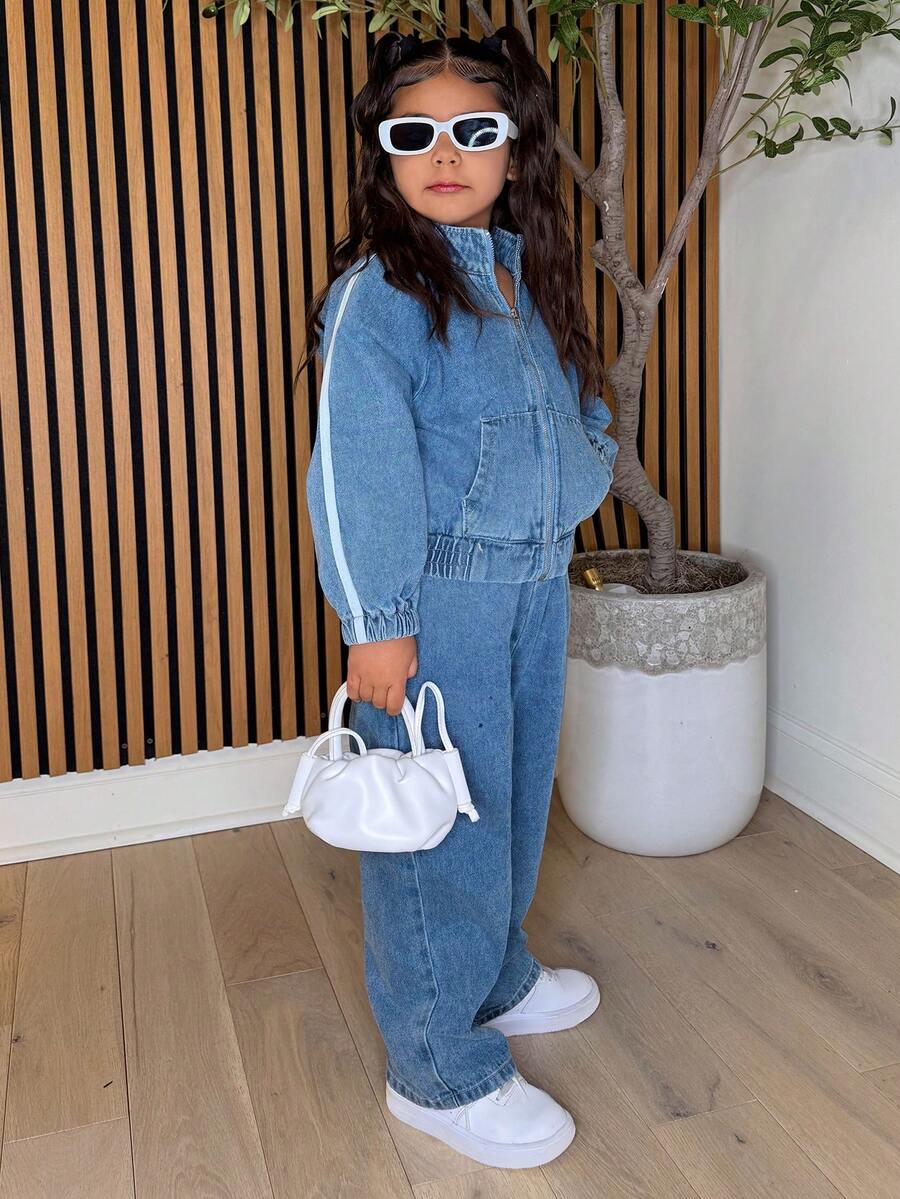 DAZY Young Girls Casual Striped Denim Top And Elongated Denim Pants Set - Blue - View 1