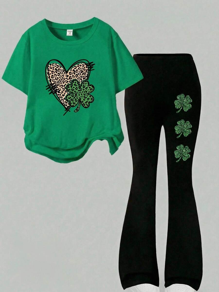 Young Girl Summer Casual Leopard Print, Heart & Clover Graphic T-Shirt And Flare Pants Set - Multicolor - View 1