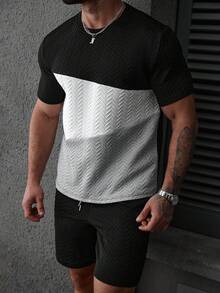Manfinity Homme Bộ đồ nam mùa hè thường ngày gồm áo thun và quần short phối màu tương phản, chất liệu vải dệt họa tiết. - Nhiều màu - Xem 6