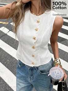 Aloruh Women's Cotton Casual Daily White Star Metal Decor Blazer Jacket, Spring/Summer - White - View 3