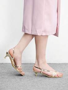 CUCCOO BIZCHIC 女士鞋履 春夏新款金色细条纹露趾中跟凉鞋 简约时尚舒适 日常百搭通勤凉鞋 女鞋 - ~淺金 - 查看 5