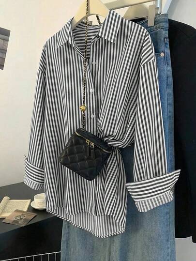 Franclia Women's Blouses Cotton Blend Oversized Silhouette Vertical Striped Drop Shoulder Lapel Single Breasted High-Low Curved Hem Wide Folded Cuffs Casual Korean Minimalist Casual Blouses For Women Spring Outfit Women Summer Tops Long-Sleeved Casual Cotton-Linen Loose-Fitting Shirt With Button Front, Black And White Striped Print.