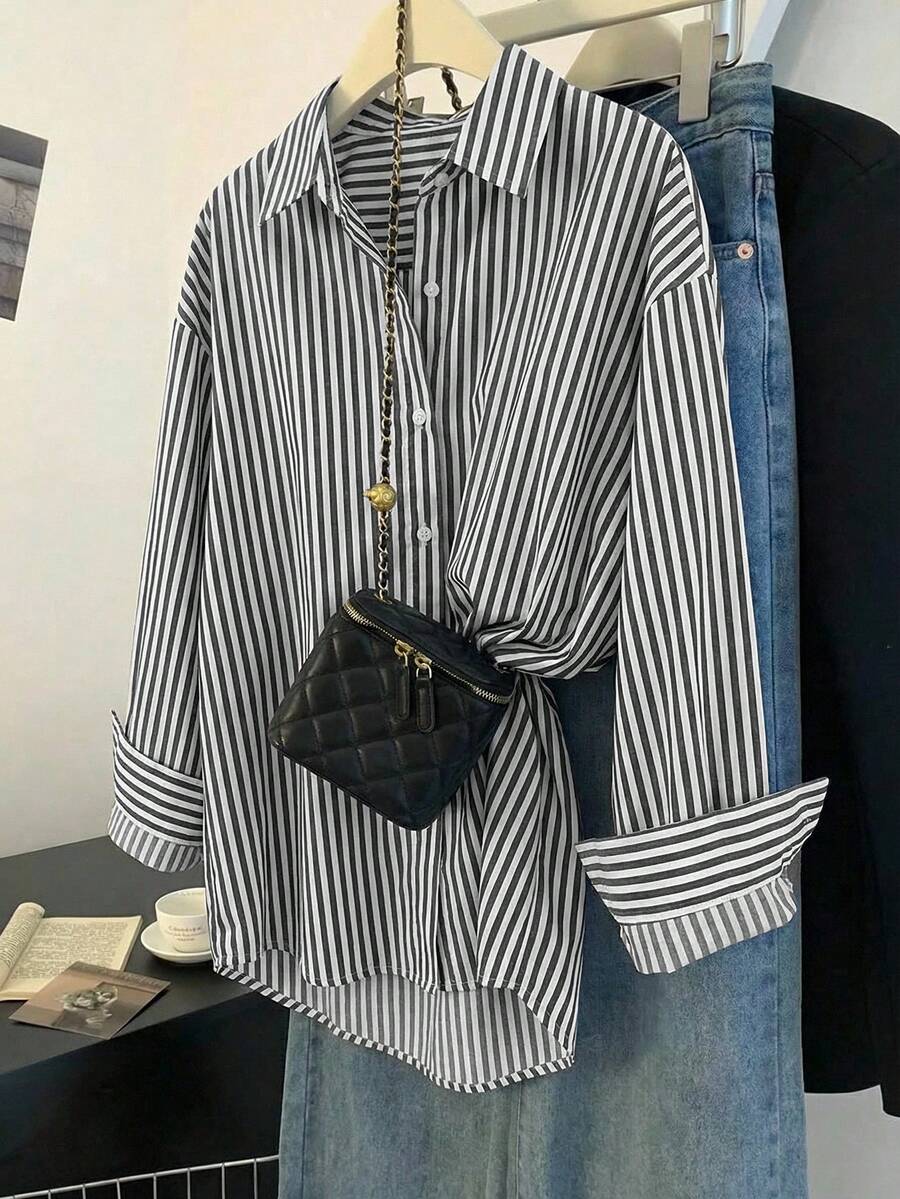 Franclia 女士条纹单排扣休闲百搭日常长袖衬衫 - 黑與白 - 查看 1