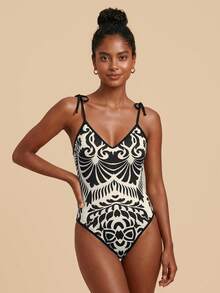 Travachic 女士吊带系带V领复古连体泳衣，夏季 - 彩色 - 查看 3