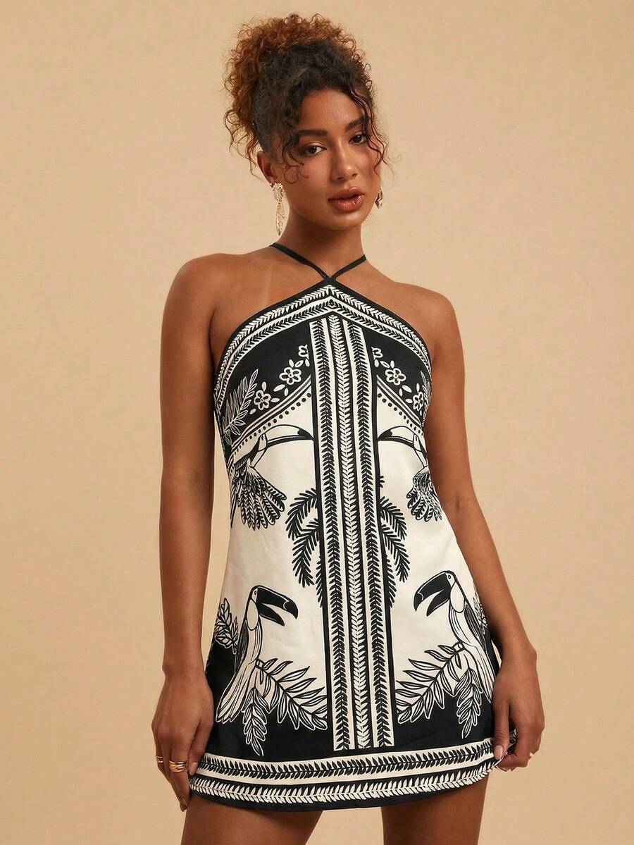 Travachic Woven Print Halter Neck Mini Dress For Women - Multicolor - View 1