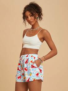 Travachic 女士腰带休闲度假龙虾印花短裤 - 藍色 - 查看 7