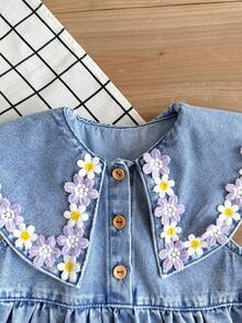 LMoss Kids Young Girl' Floral Trim Collar Blue Denim Sleeveless Loose Dress - Light Wash - View 6