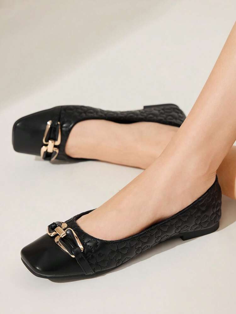 CUCCOO CHICEST Square Toe Loafers, Soft Sole, Buckle Decor, Elegant Versatile Comfortable Slip-On Flat Black Shoes For Commuting Wedding Shoes Spring Shoes Bride Shoes