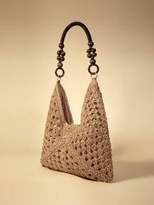 Travachic Bolso de paja tejido de gran capacidad y portátil para mujer, bolso de mano mediano con asa para la playa y vacaciones - Caqui claro - Ver 3