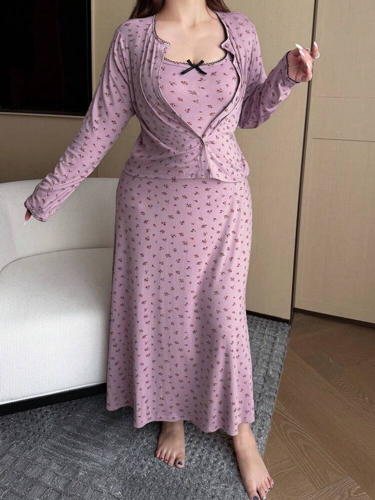 Dazy Plus Plus Size Women Ditsy Floral Sleeveless Maxi Dress & Open Front Cardigan Loungewear Set