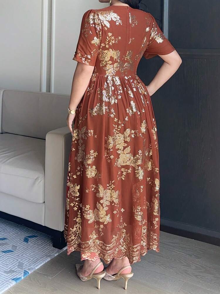 Dazy Plus Plus Size Women Round Neck Metallic Pleated Elegant Waist Gathering Dress For Party Sundress Floral Dresses For Women