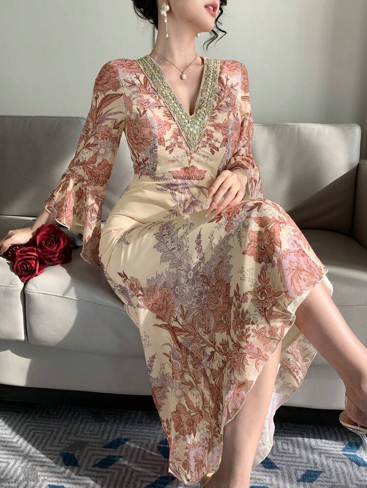 Women's V-Neck 3/4 Sleeve Ribbon Patchwork Waist Printed Dress, Elegant Resort Style Dress Sundress Boho
