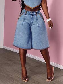 Slaydiva 女士宽松休闲百搭牛仔阔腿百慕大短裤 - 中等水洗藍 - 查看 4