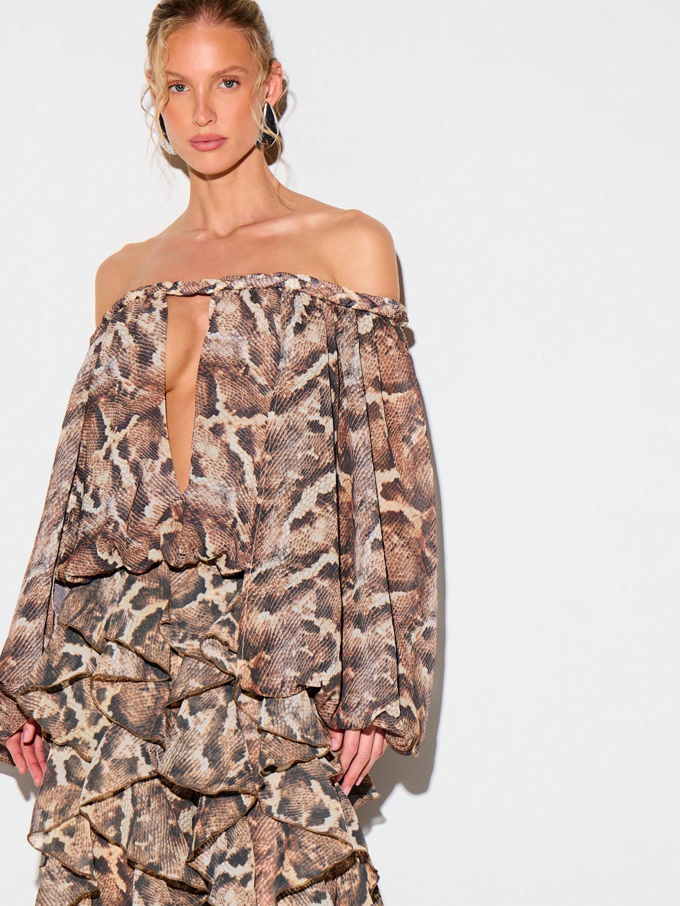 KIZN Snake Print Chiffon Off Shoulder Ruffle Blouse