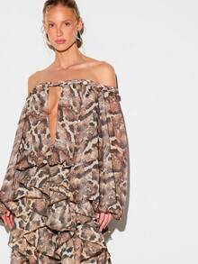 KIZN Women's Snake Print Chiffon Off Shoulder Long Sleeve Ruffled Blouse With Voluminous Sleeves And Tiered Ruffle Details For Fall Winter Party Evening - Brown - View 4