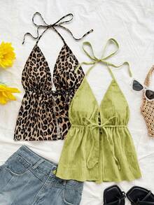 Soleia 2pcs Sexy Leopard Print Halter V-Neck Backless Tie Strap Textured Fabric Camisole, Suitable For Holiday, Date, Afternoon Tea, Vacation, Music Festival, Boho Style - Green - View 7