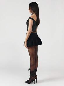 OverBlushhh Rok Mini Wanita Model Balon Pinggang Rendah Hitam dengan Detail Pita Gaya Y2K, Rok Mini Pinggang Rendah dengan Hem Bergelombang untuk Pesta Musim Panas dan Festival Musim Semi. - Hitam - View 5