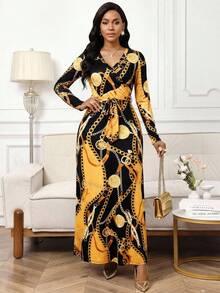 SHEIN Lady Women's Fashionable Commuter Colorblock Chain Print Long Dress - Yellow - View 6