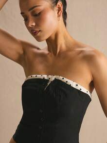 MUSERA Polka Dot Detail Tailored Bandeau Top Only Spring Summer Cosy Cute Daily Girly Vacation Sunlight Social - Black - View 4