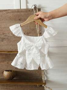 SHEIN Young Girl Young Girl White Embroidered Bow Tank Top, Versatile Summer Holiday Wear - White - View 1