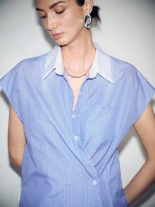 Lumivelle Women's Summer Shoulder Strap Striped Shirt, Fashion Office Wear Collared Blouse - Blue - View 4