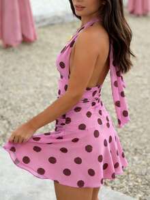 Cévolie Women's Deep V-Neck Sexy Halter Polka Dot Mini Dress, Vacation Style - Pink - View 2