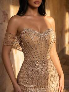 Glamrae Váy dạ hội trễ vai, hở vai, đính ngọc trai và sequin sang trọng, đính nơ đuôi cá hở lưng, chất liệu satin, phù hợp cho mọi dịp trang trọng, đám cưới, dạ tiệc, tiệc tối - Rượu sâm banh - Xem 6