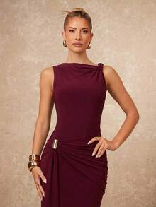 Lumalex 女士无袖休闲通勤连衣裙 - 酒紅色 - 查看 2