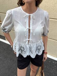 Solivie 女士印花系带休闲百搭日常短袖衬衫 - 杏色 - 查看 5