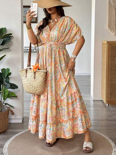 Vionelle Plus Size Women's New Bohemian Style Colorful Paisley Pattern Shoulder Tie Short Sleeve A-Line Patchwork Midi Dress