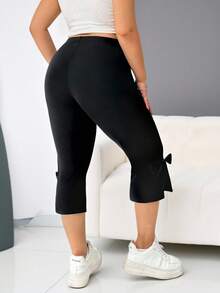 SHEIN CURVE+ 大码女装春夏休闲侧开衩蝴蝶结七分裤 - 黑色 - 查看 2