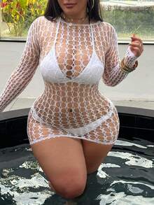 Swim SXY Women's Sexy Hollow-Out Long Sleeve Cover-Up Dress - White - View 4