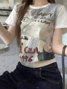 DAZY Women's Round Neck Cartoon Letter Print Casual Versatile Daily Wear Short Sleeve T-Shirt - Blue - View 4