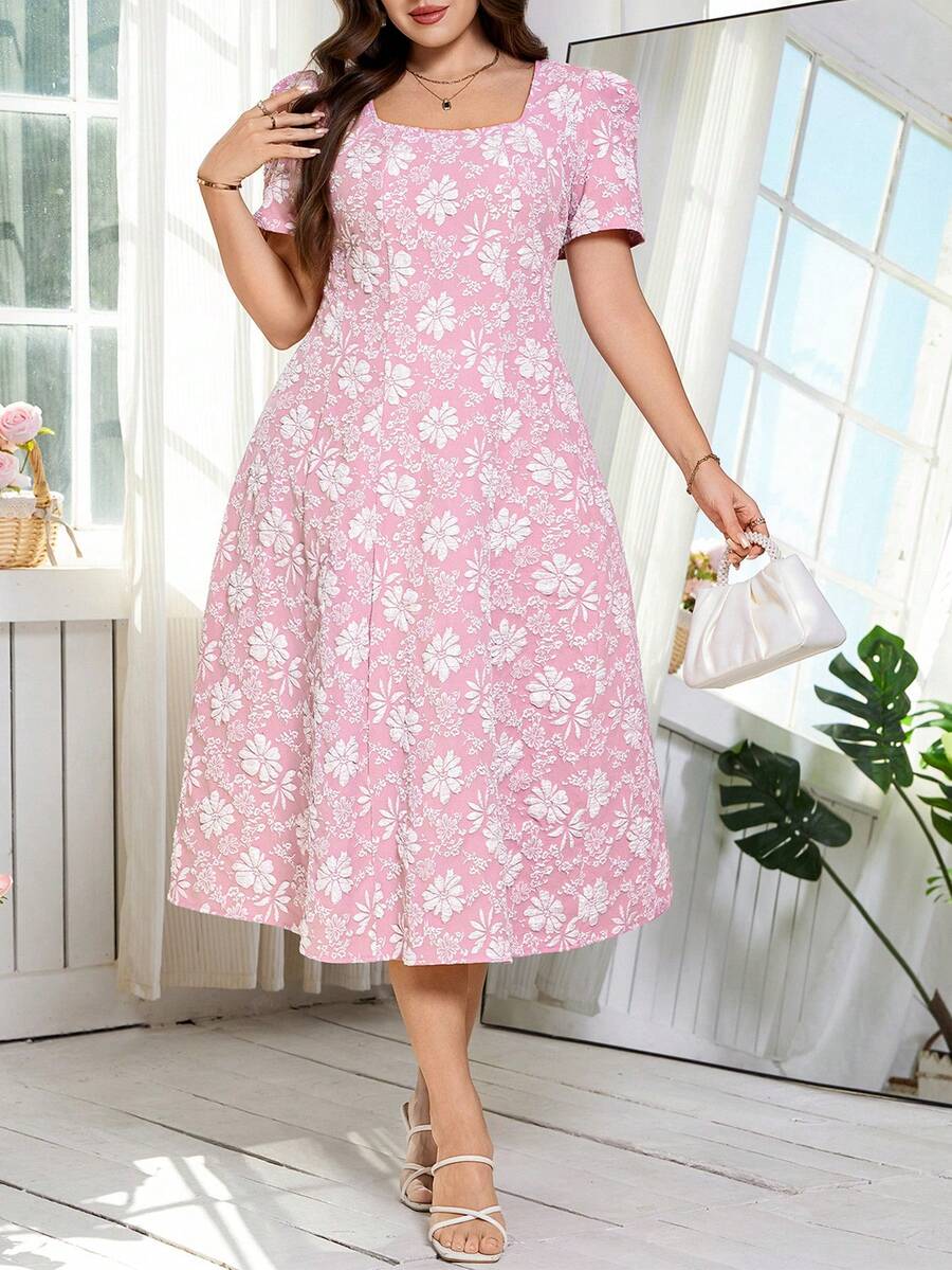 SHEIN Clasi 大码女式花卉刺绣花瓣袖方领优雅浪漫连衣裙 - 杏色 - 查看 1