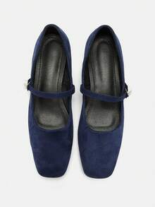 女式 3 厘米布面高跟时尚百搭白色玛丽珍粗跟平底鞋，适合所有季节 - 藏蓝色 - 查看 11