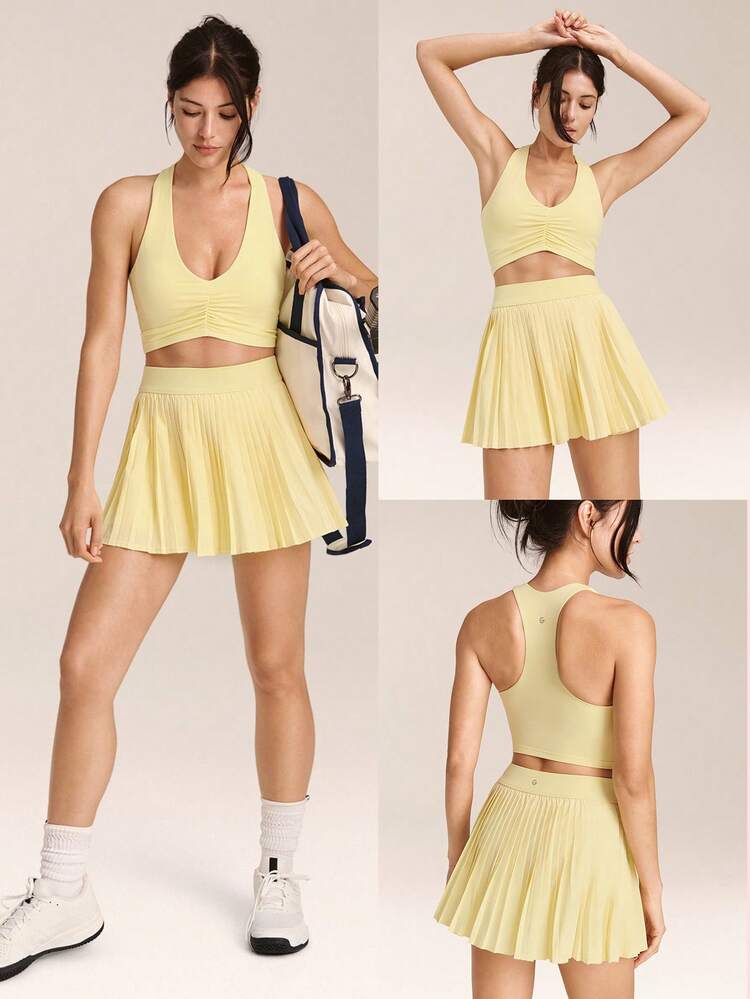 Swing And Shine Lightweight Sweat-Wicking Quick-Dry UPF 50+ Odor Control Built-In Shorts Side Pockets Pleated Tennis Skirt Golf Pickleball Daily Casual Wear