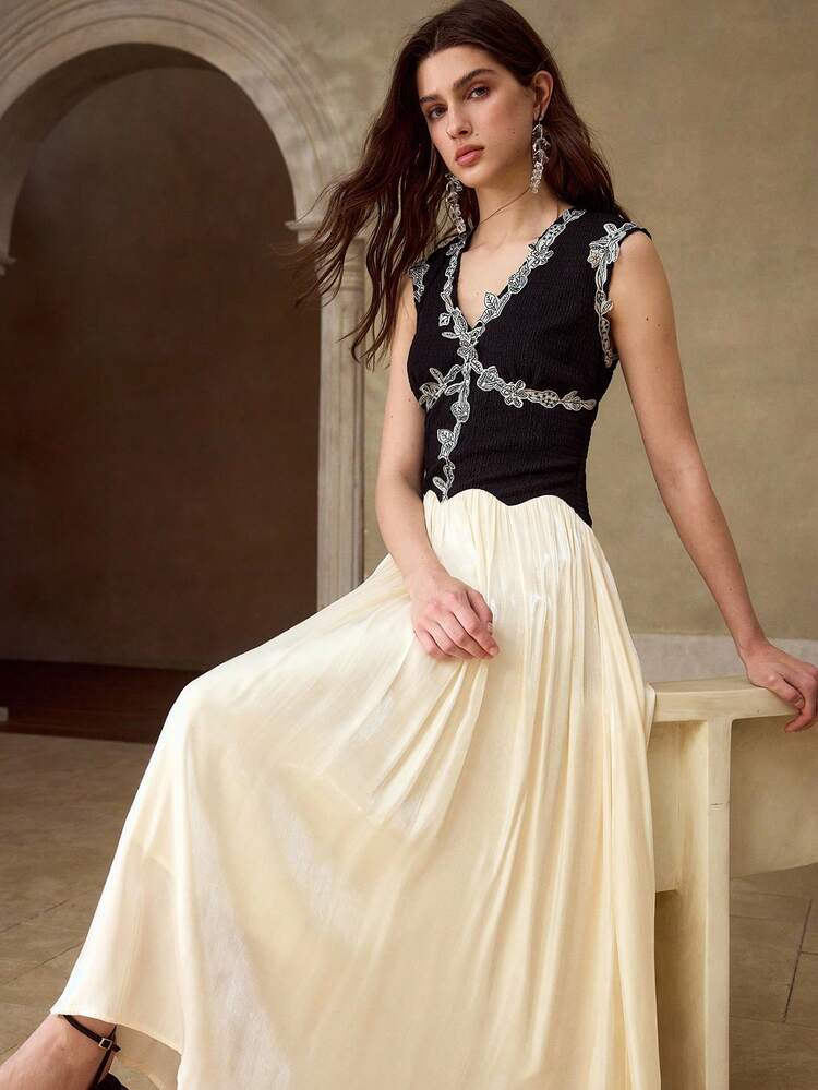 V-NECK COLORBLOCK WAIST FIT & FLARE MIDI DRESS WITH EMBROIDERY DECOR